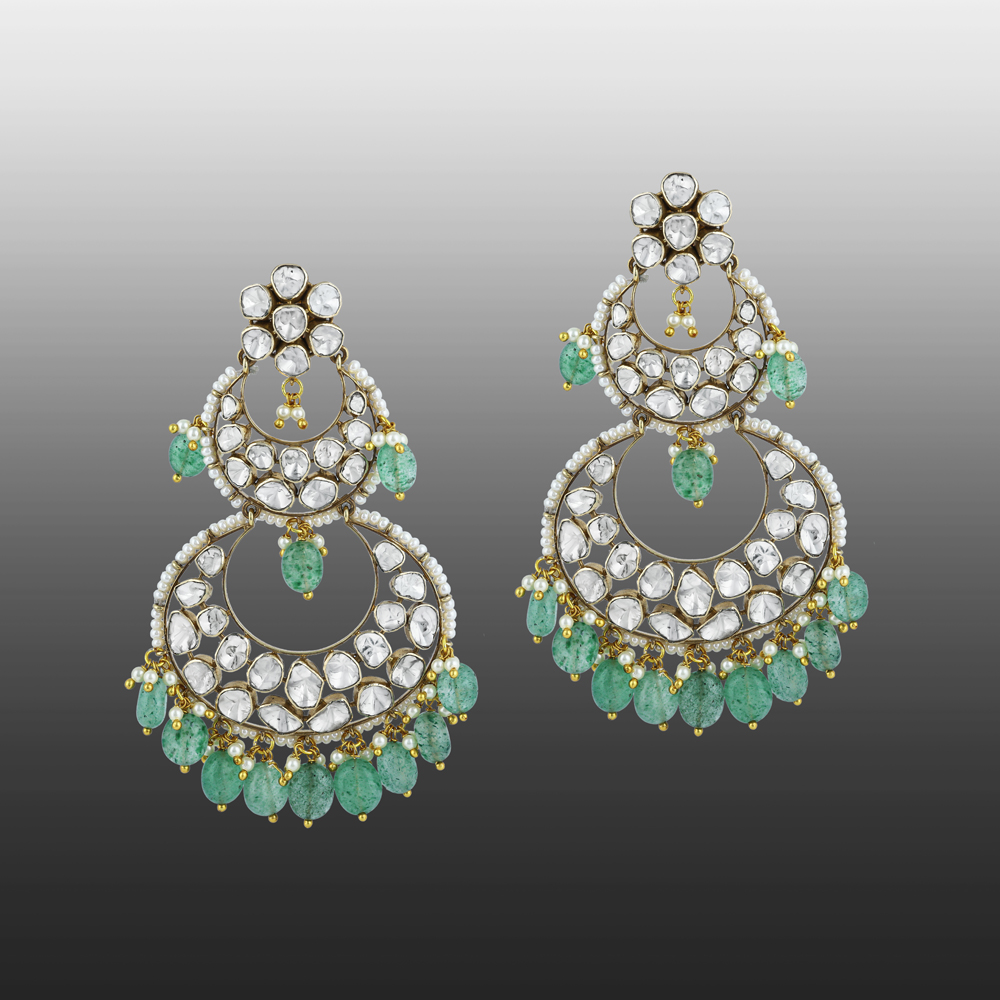 Polki Earrings with Double-Tier Chandbali, Pearl Accents, and Green Drops